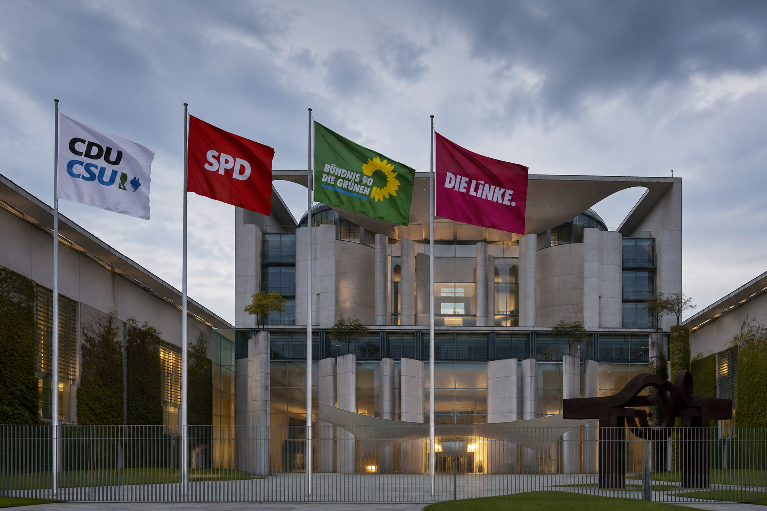 Flaggen von CDU/CSU, SPD, Bündnis 90/Die Grünen und Die Linke vor dem Bundeskanzleramt in Berlin bei dramatischem Abendhimmel