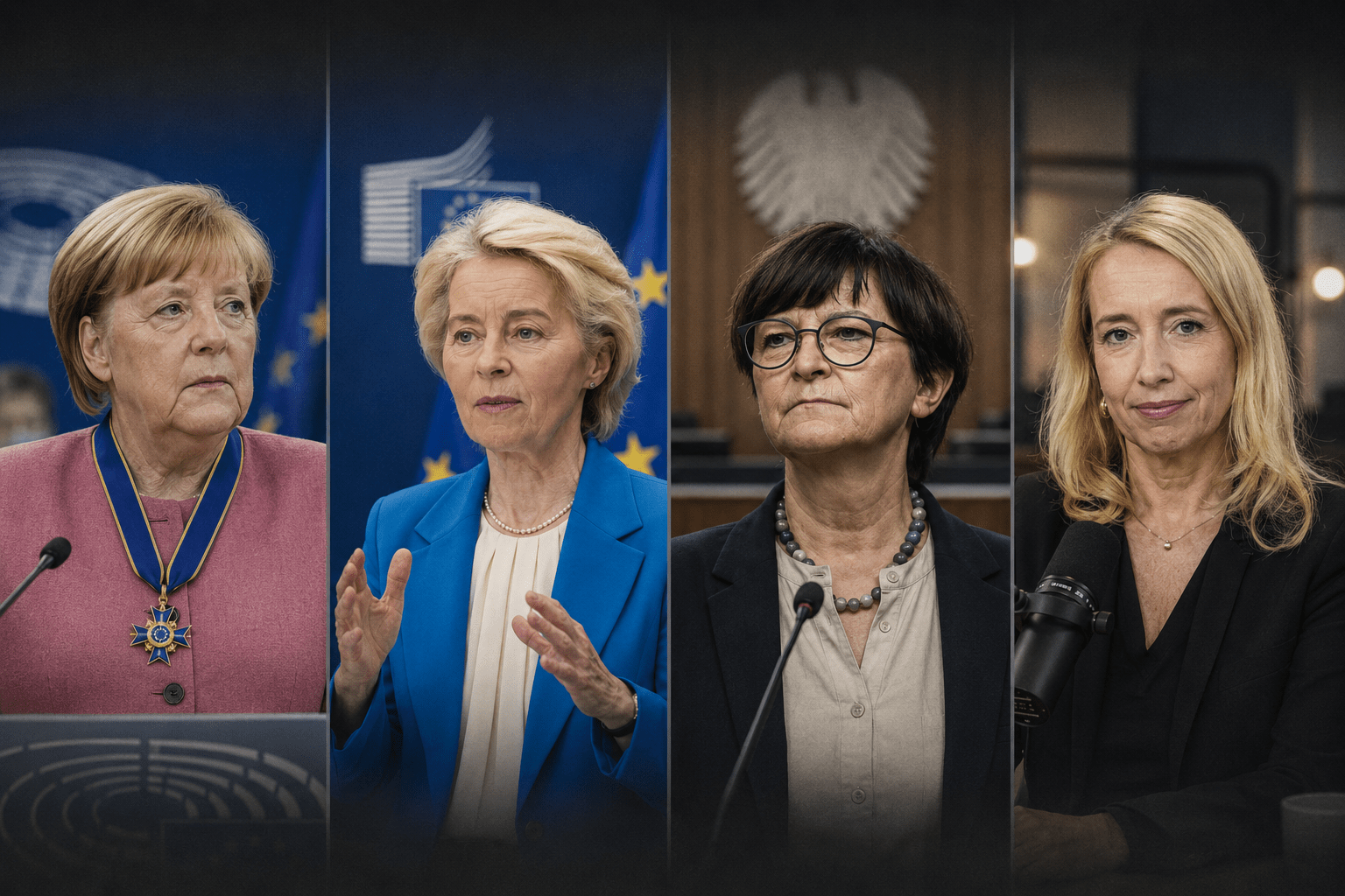 KI-generierte Illustration: Boulevard-Collage mit Angela Merkel, Ursula von der Leyen, Saskia Esken und Melanie Amann vor Riss-Banner „Blacklisting“ – Symbolbild für Plattformregulierung und Werbeboykott.