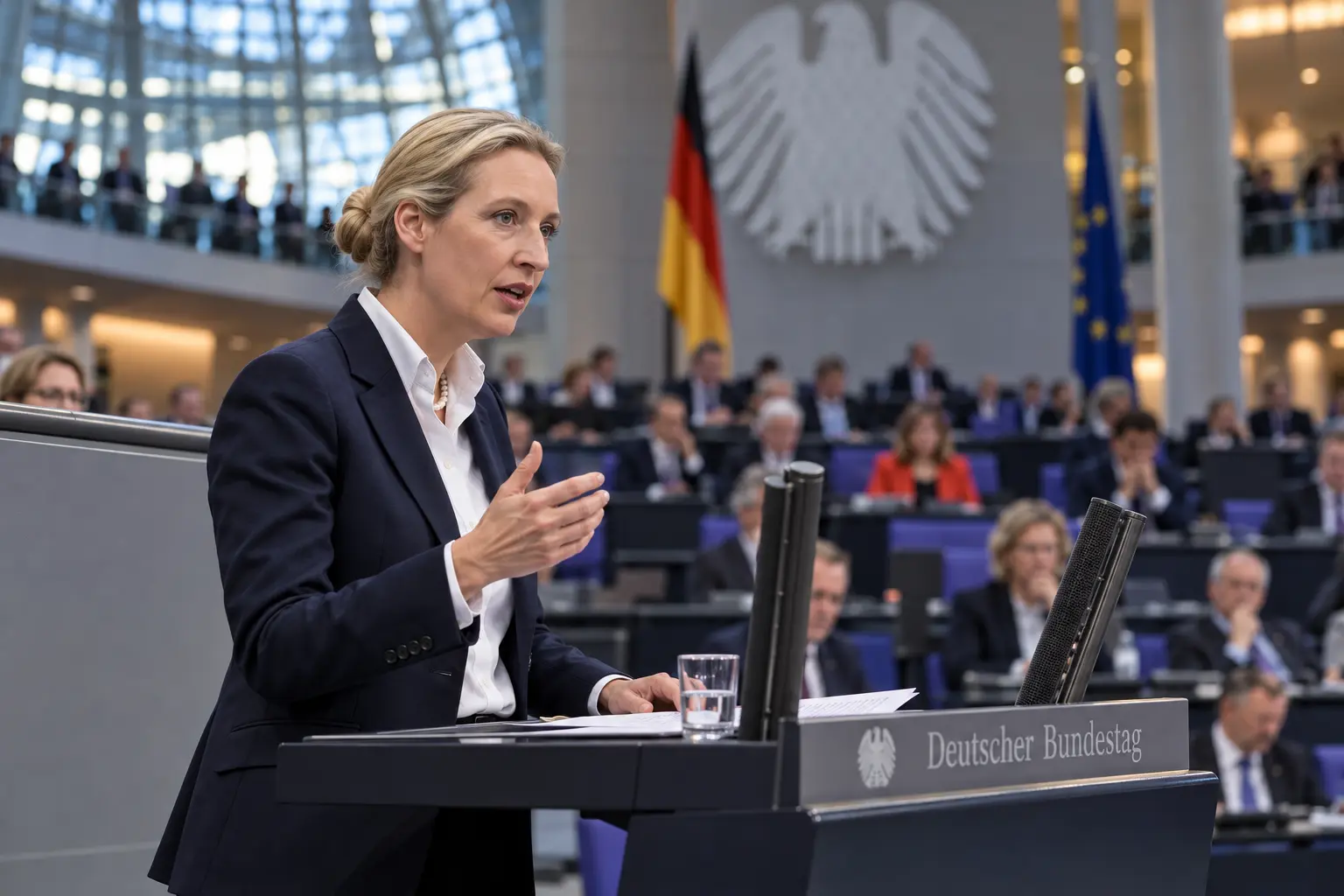 KI-generierte Illustration: Alice Weidel am Rednerpult im Plenarsaal des Bundestags
