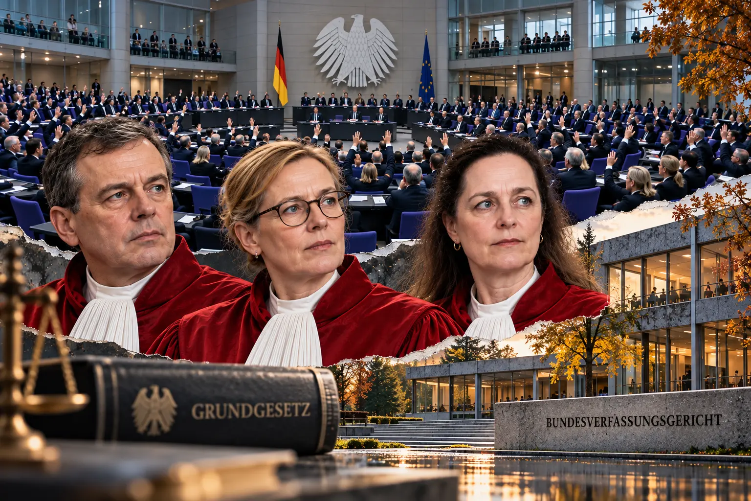 KI-generierte Illustration: drei Verfassungsrichter in roten Roben vor dem abstimmenden Bundestagsplenum, rechts das Gebäude des Bundesverfassungsgerichts, im Vordergrund das Grundgesetz und eine Waage
