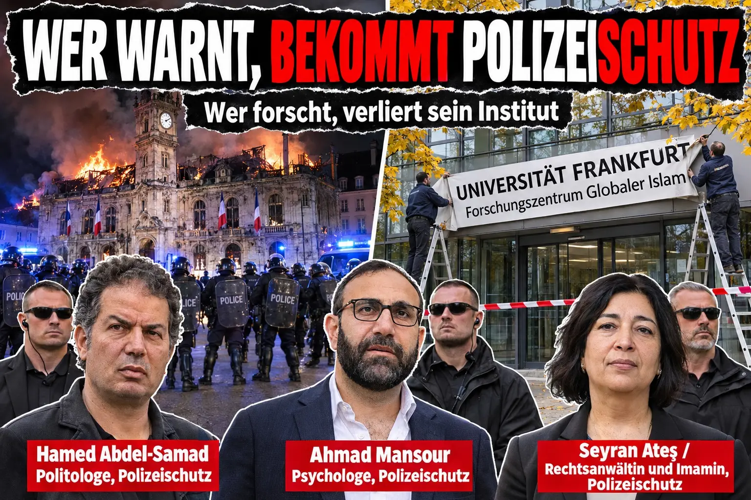 KI-generierte Illustration: Collage unter der Schlagzeile „Wer warnt, bekommt Polizeischutz“, links das brennende Rathaus von Limoges mit Bereitschaftspolizei, rechts Arbeiter, die am Frankfurter Universitätsgebäude das Schild „Forschungszentrum Globaler Islam“ abnehmen; davor Hamed Abdel-Samad, Ahmad Mansour und Seyran Ateş, jeweils mit Namensschild, hinter ihnen Personenschützer.