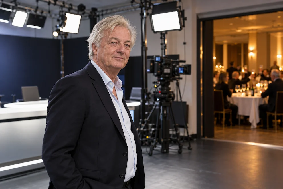 Jürgen Elsässer in einem Fernsehstudio, im Hintergrund unscharf eine gedeckte Tafel mit Gästen (KI-generierte Illustration).