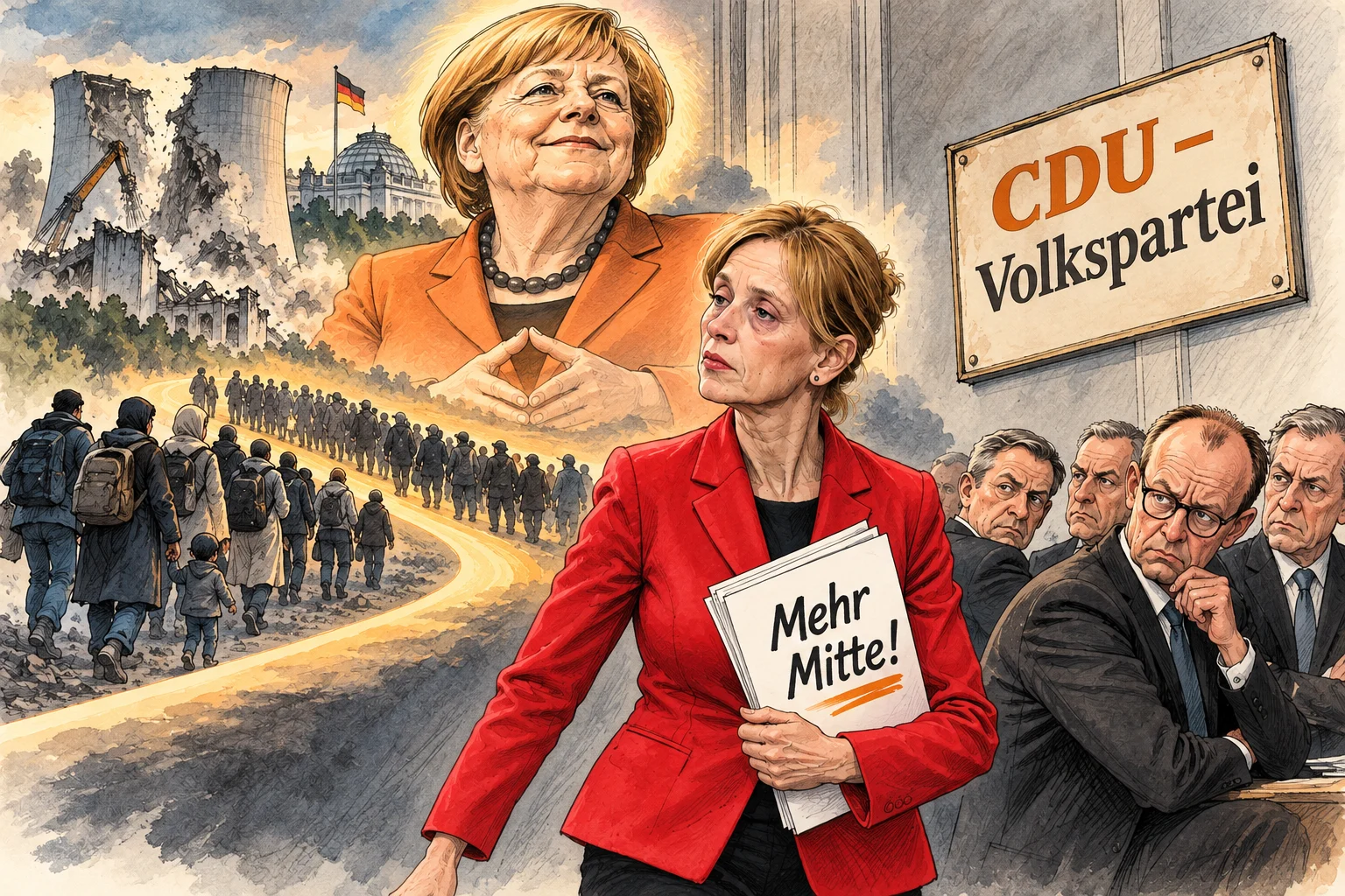 KI-generierte Karikatur: Karin Prien mit „Mehr Mitte!“-Papier vor Angela Merkel und Motiven der Ära Merkel, rechts Friedrich Merz und CDU-Männer