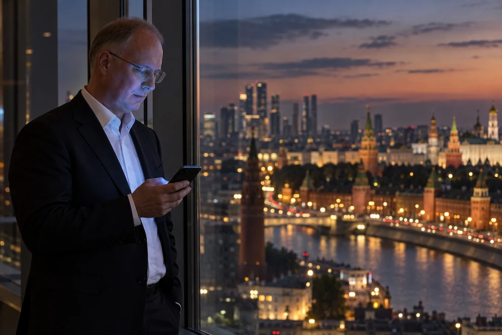 KI-generierte Illustration: Kirill Dmitriev blickt in der Abenddämmerung an einem Fenster auf sein Smartphone