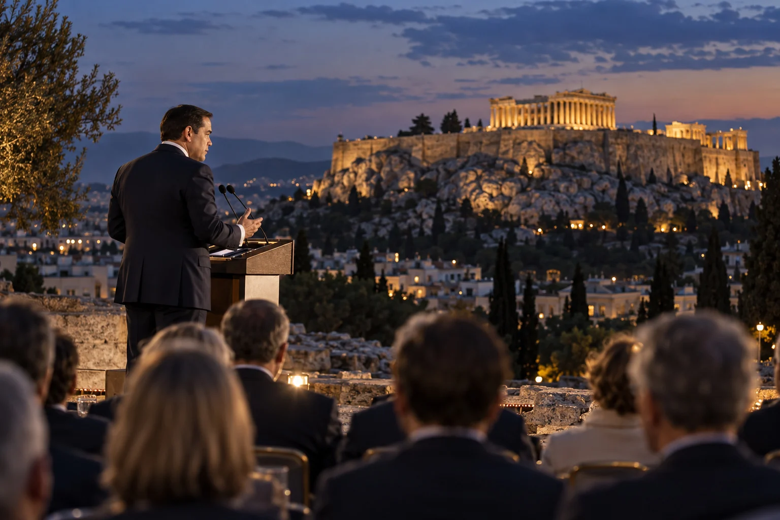 KI-generierte Illustration: Marco Rubio spricht an einem Rednerpult auf dem Pnyx-Hügel in Athen, im Vordergrund europäische Zuhörer, im Hintergrund die beleuchtete Akropolis