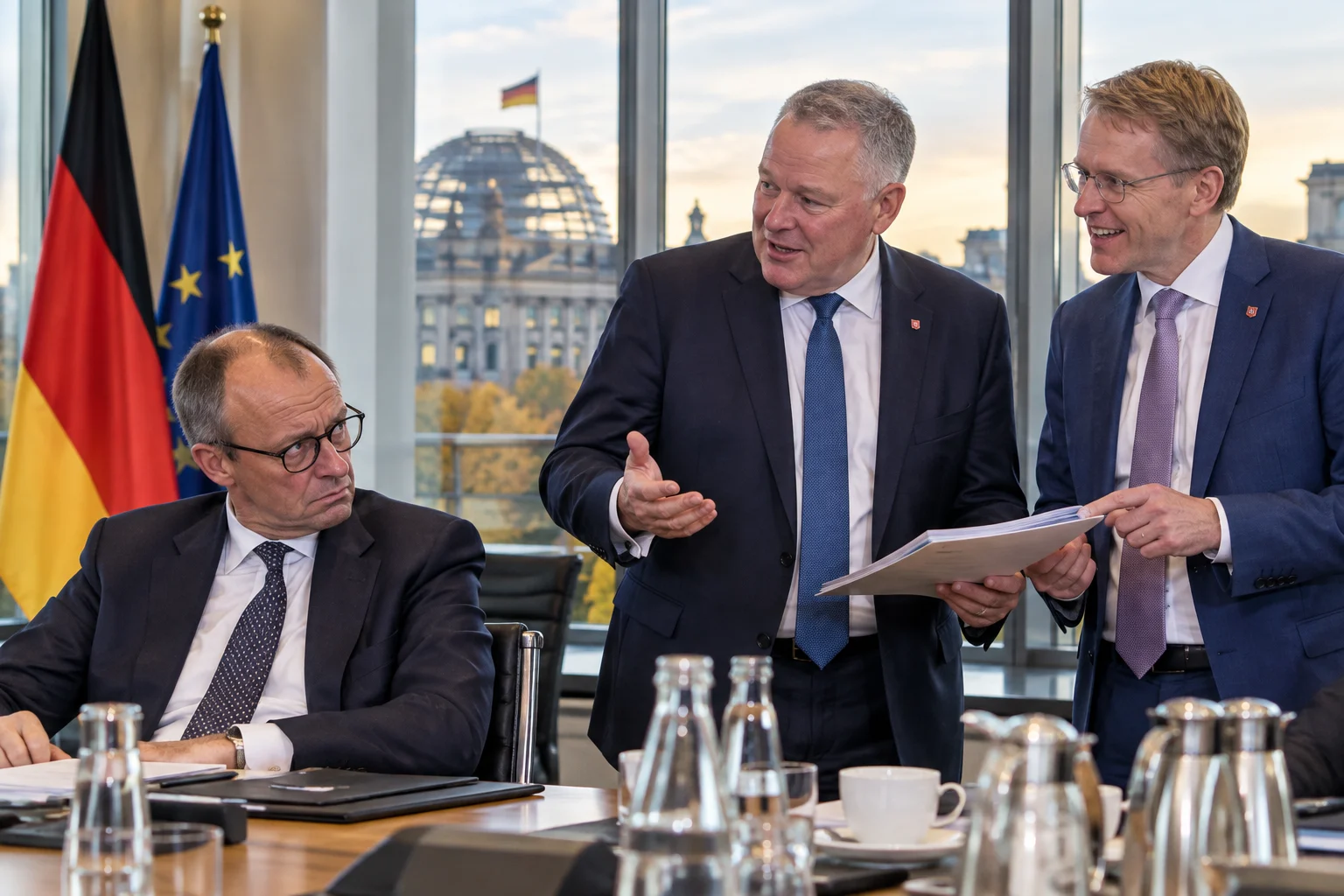 KI-generierte Illustration: Friedrich Merz sitzt skeptisch am Konferenztisch im Kanzleramt, neben ihm stehen Gordon Schnieder und Daniel Günther mit einer Mappe, im Hintergrund die Reichstagskuppel.