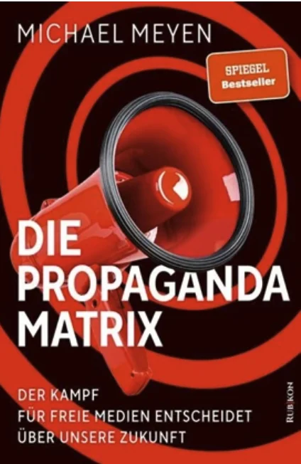 Buchcover: Michael Meyen – Die Propaganda-Matrix, rotes Megafon auf Spiralmuster (Rubikon)