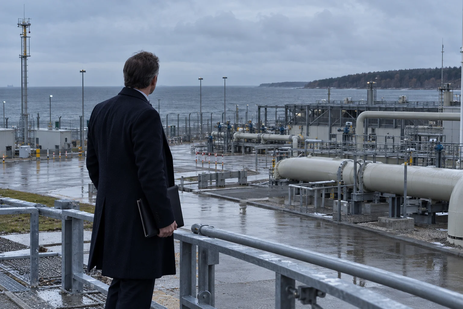 KI-generierte Illustration: Ein Geschäftsmann an der Anlandestation von Nord Stream 2 in Lubmin an der Ostsee