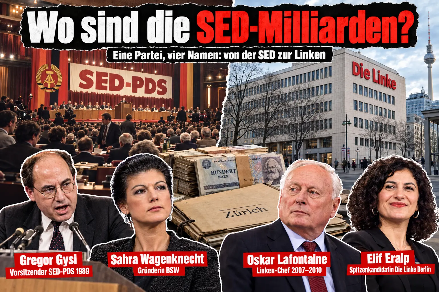 KI-generierte Illustration: Collage unter der Schlagzeile „Wo sind die SED-Milliarden?“. Links der SED-PDS-Parteitag 1989, rechts das Karl-Liebknecht-Haus, davor DDR-Geldscheine und eine Mappe „Zürich“. Zu sehen sind Einzelporträts von Gregor Gysi, Sahra Wagenknecht, Oskar Lafontaine und Elif Eralp, jeweils mit Namensschild.