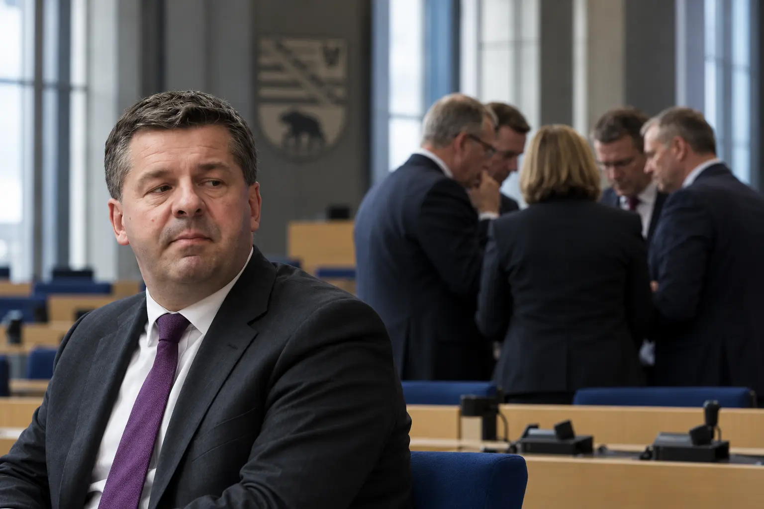 KI-generierte Illustration: Sven Schulze im Plenarsaal des Landtags von Sachsen-Anhalt blickt über die Schulter zu einer Gruppe fiktiver Abgeordneter im Hintergrund.