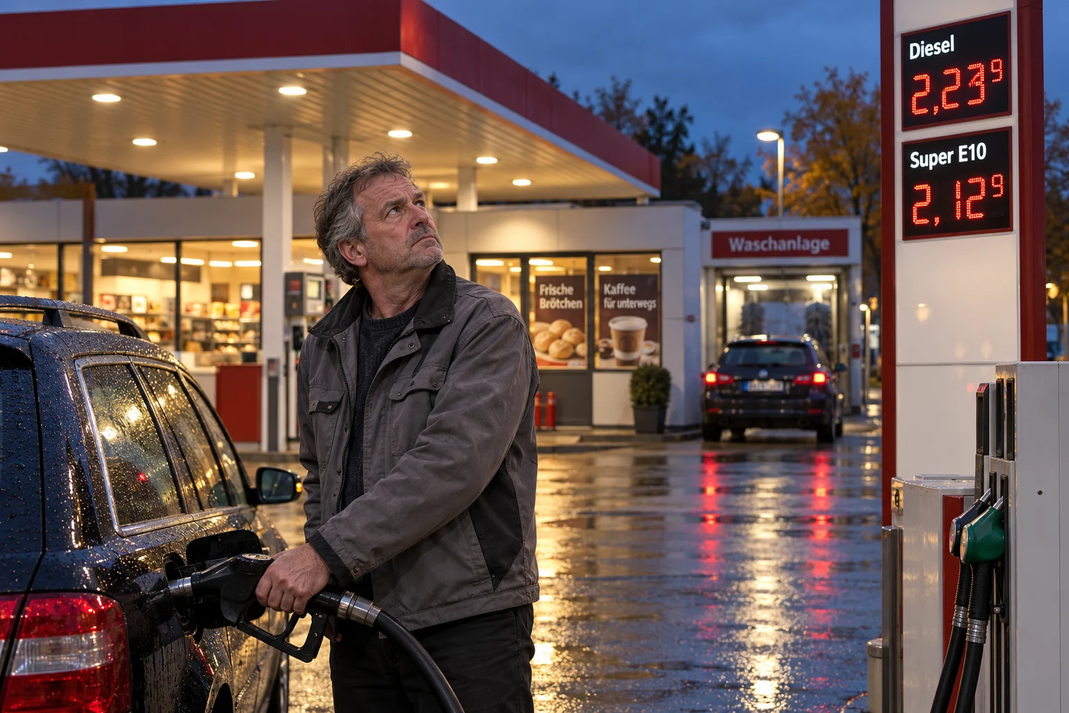 KI-generierte Illustration: Ein älterer Mann tankt an einer deutschen Tankstelle Diesel und blickt skeptisch zur beleuchteten Preistafel mit Diesel 2,23 Euro und Super E10 2,12 Euro, Abenddämmerung.
