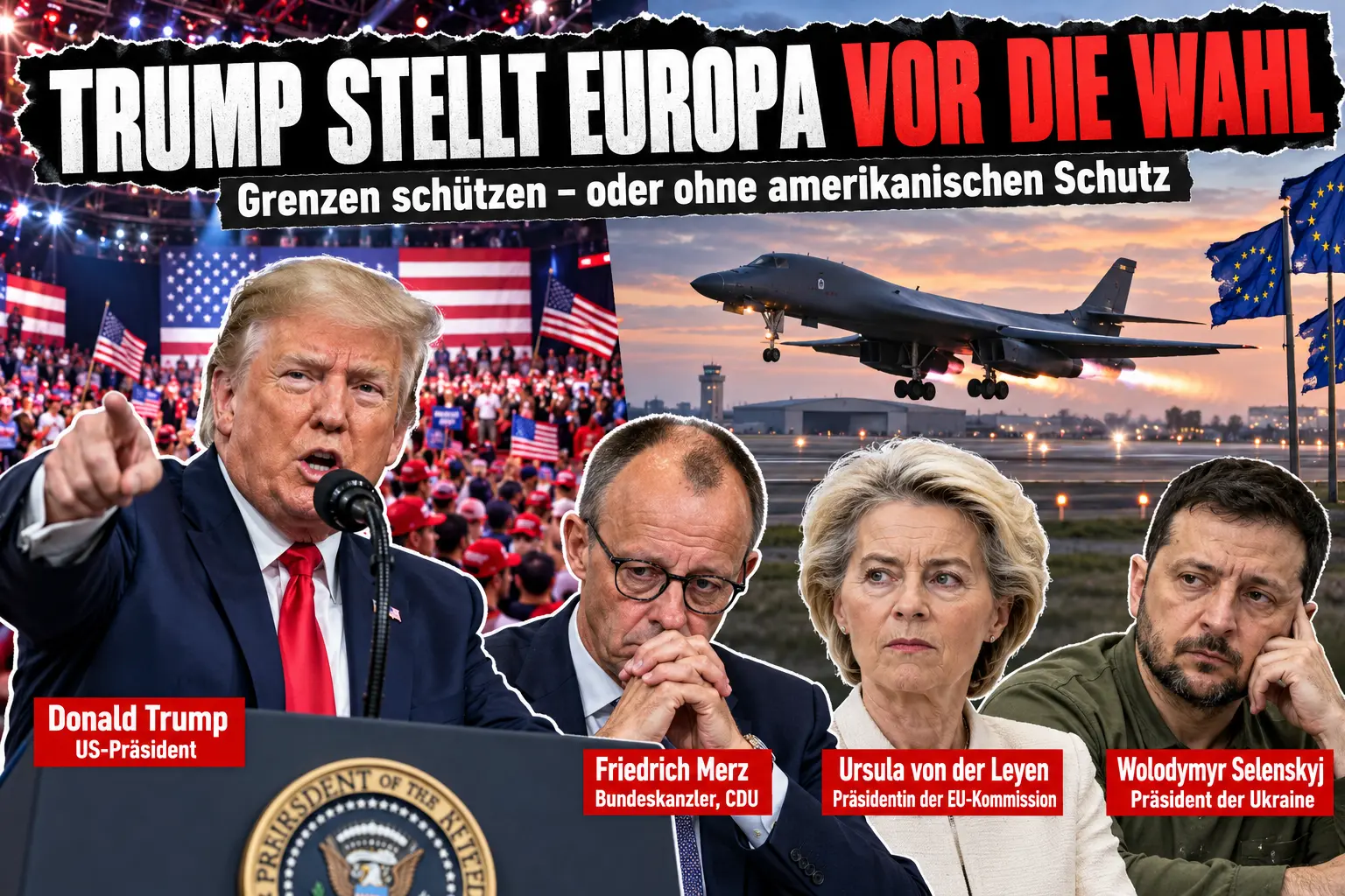 KI-generierte Illustration: Collage unter der Schlagzeile „Trump stellt Europa vor die Wahl“, links eine US-Wahlkampfkundgebung, rechts ein startender B-1-Bomber; davor Donald Trump, Friedrich Merz, Ursula von der Leyen und Wolodymyr Selenskyj, jeweils mit Namensschild.