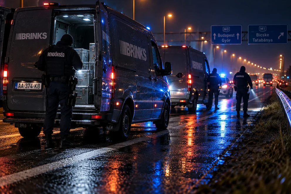 KI-generierte Illustration: Polizisten kontrollieren nachts zwei gepanzerte Geldtransporter auf einer Autobahn