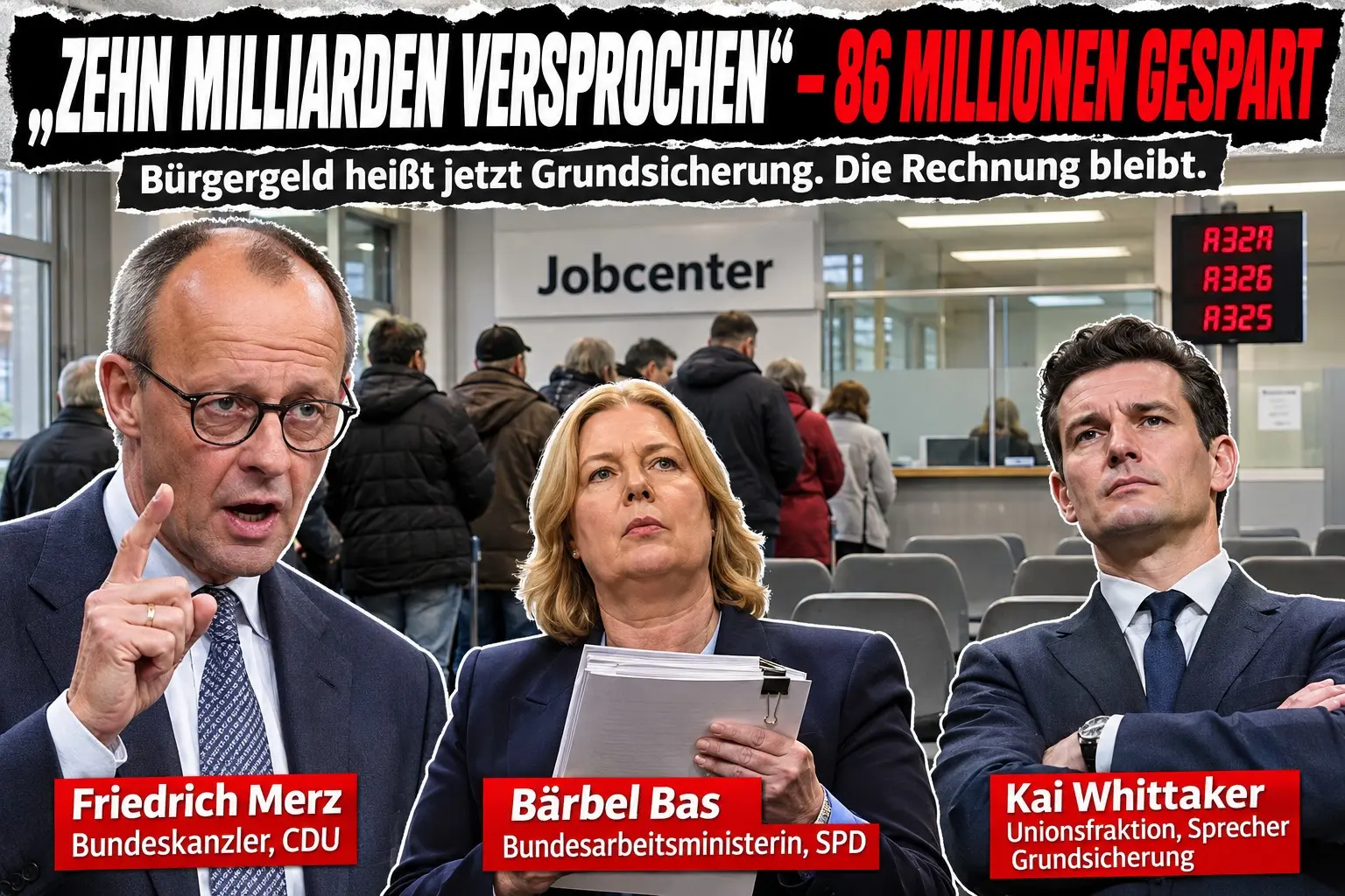KI-generierte Illustration: Boulevard-Collage mit Schlagzeile ‚Zehn Milliarden versprochen – 86 Millionen gespart', Hintergrund Jobcenter-Wartebereich, davor Friedrich Merz, Bärbel Bas und Kai Whittaker, jeweils mit Namensschild.