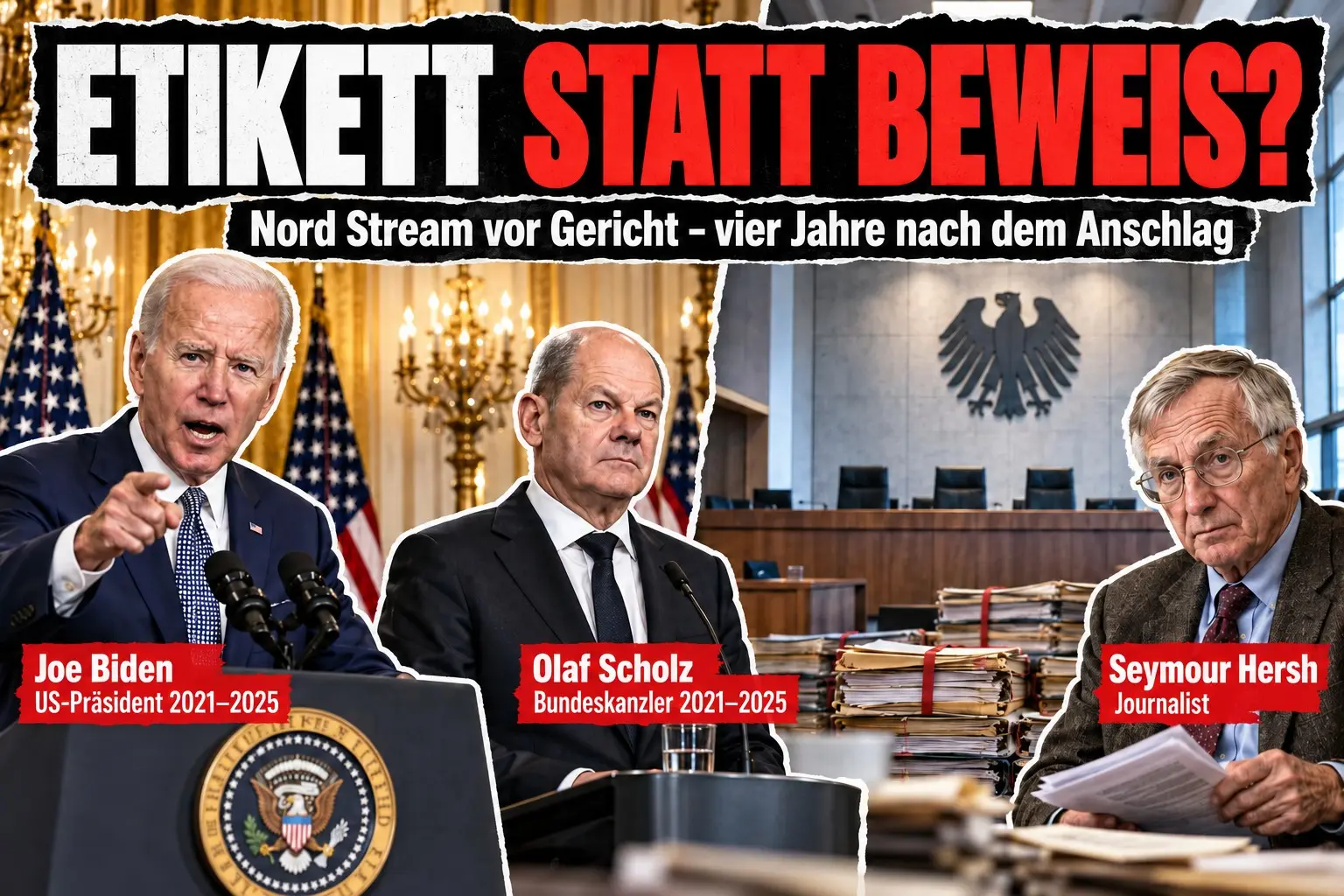 KI-generierte Illustration: Boulevard-Collage mit Schlagzeile „Etikett statt Beweis?“, im Hintergrund Weißes Haus und Gerichtssaal mit Bundesadler, davor freigestellte Porträts von Joe Biden, Olaf Scholz und Seymour Hersh, jeweils mit Namensschild.