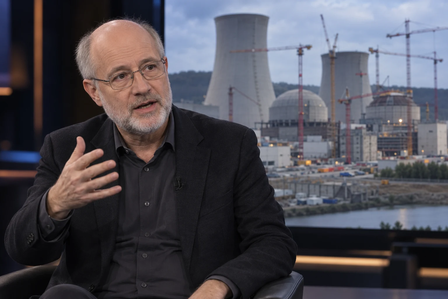 KI-generierte Illustration: Harald Lesch, Astrophysiker und ZDF-Moderator, spricht gestikulierend in einem Fernsehstudio; auf dem Studiobildschirm hinter ihm die Baustelle eines Kernkraftwerks mit Kühltürmen, Reaktorkuppeln und Baukränen.
