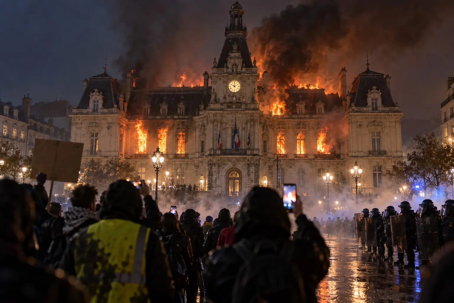 KI-generierte Illustration: Das brennende historische Rathaus von Limoges in der Nacht des 17. Oktober 2026, davor Demonstranten als Silhouetten und eine Reihe französischer Bereitschaftspolizisten, Nachrichtenfoto-Stil.