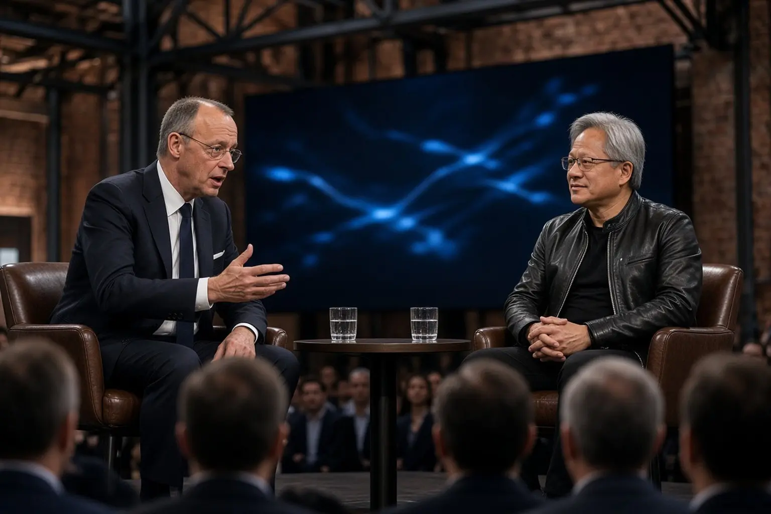 KI-generierte Illustration: Bühnengespräch im Kraftwerk Berlin – Bundeskanzler Friedrich Merz im Ledersessel mit fragender Geste, rechts Nvidia-Chef Jensen Huang in schwarzer Lederjacke, dahinter unscharfes Publikum und blaue LED-Wand; Nachrichtenfoto-Stil.