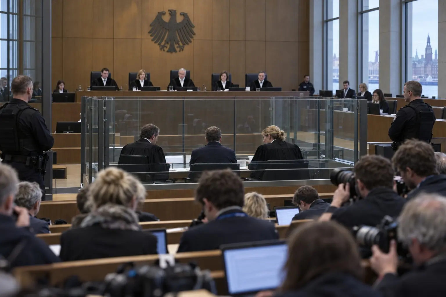 KI-generierte Illustration: Gerichtssaal des Hanseatischen Oberlandesgerichts Hamburg beim Nord-Stream-Prozess, Richterbank unter Bundesadler, Angeklagter von hinten hinter Glasscheibe zwischen zwei Verteidigern, volle Pressebänke.