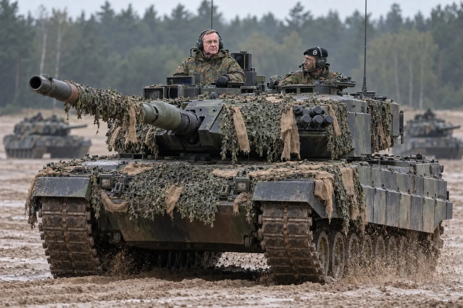 KI-generierte Illustration: Boris Pistorius im Flecktarn-Parka mit Headset in der Kommandantenluke eines Leopard-2-Panzers mit Tarnnetz beim Panzerbataillon 203 in Augustdorf, neben ihm ein Panzersoldat mit schwarzem Barett, Nachrichtenfoto-Stil.