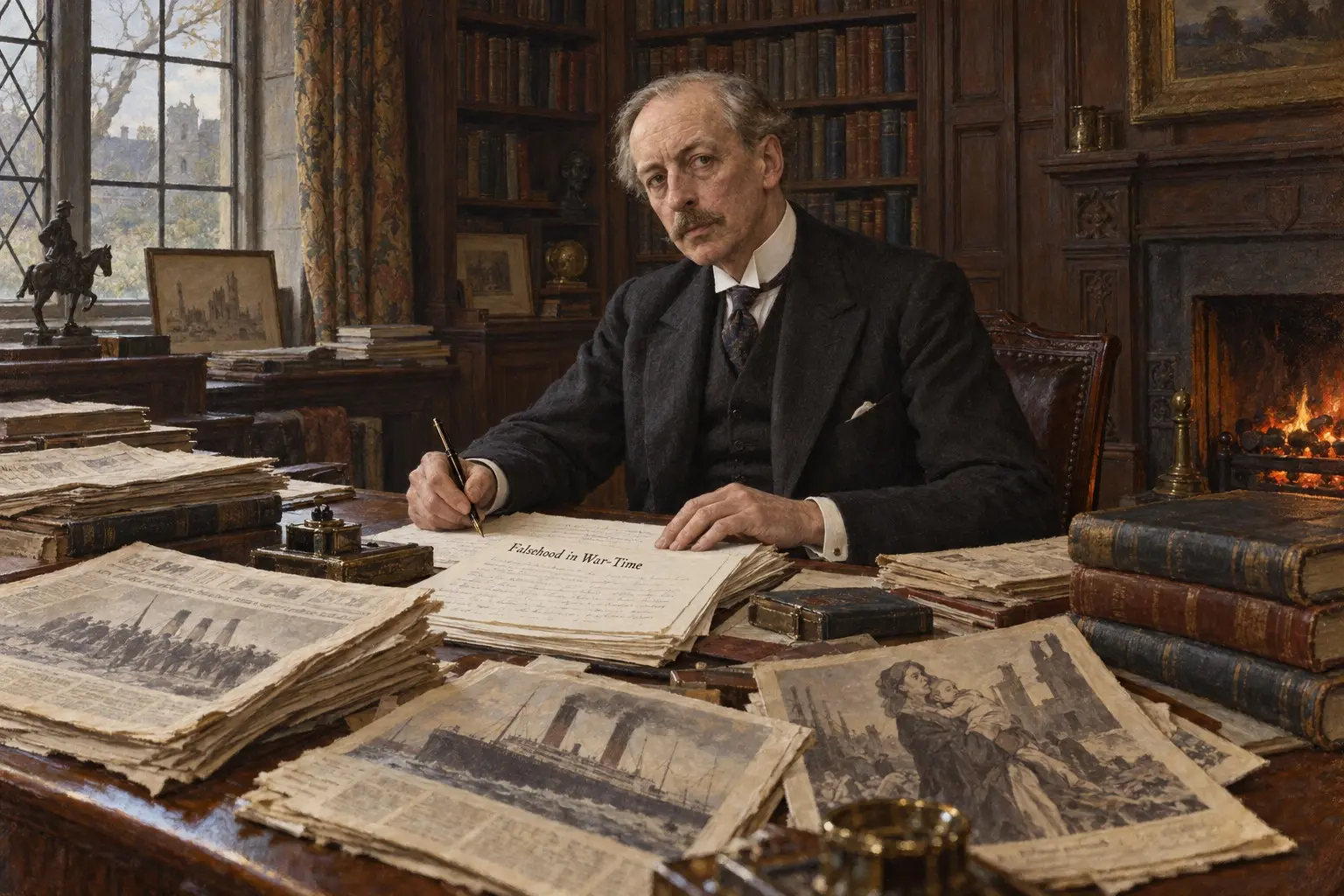 KI-generierte Illustration: Arthur Ponsonby 1928 am Schreibtisch seines Arbeitszimmers, umgeben von Zeitungen des Ersten Weltkriegs, vor ihm das Manuskript „Falsehood in War-Time“, Ölgemälde-Stil.