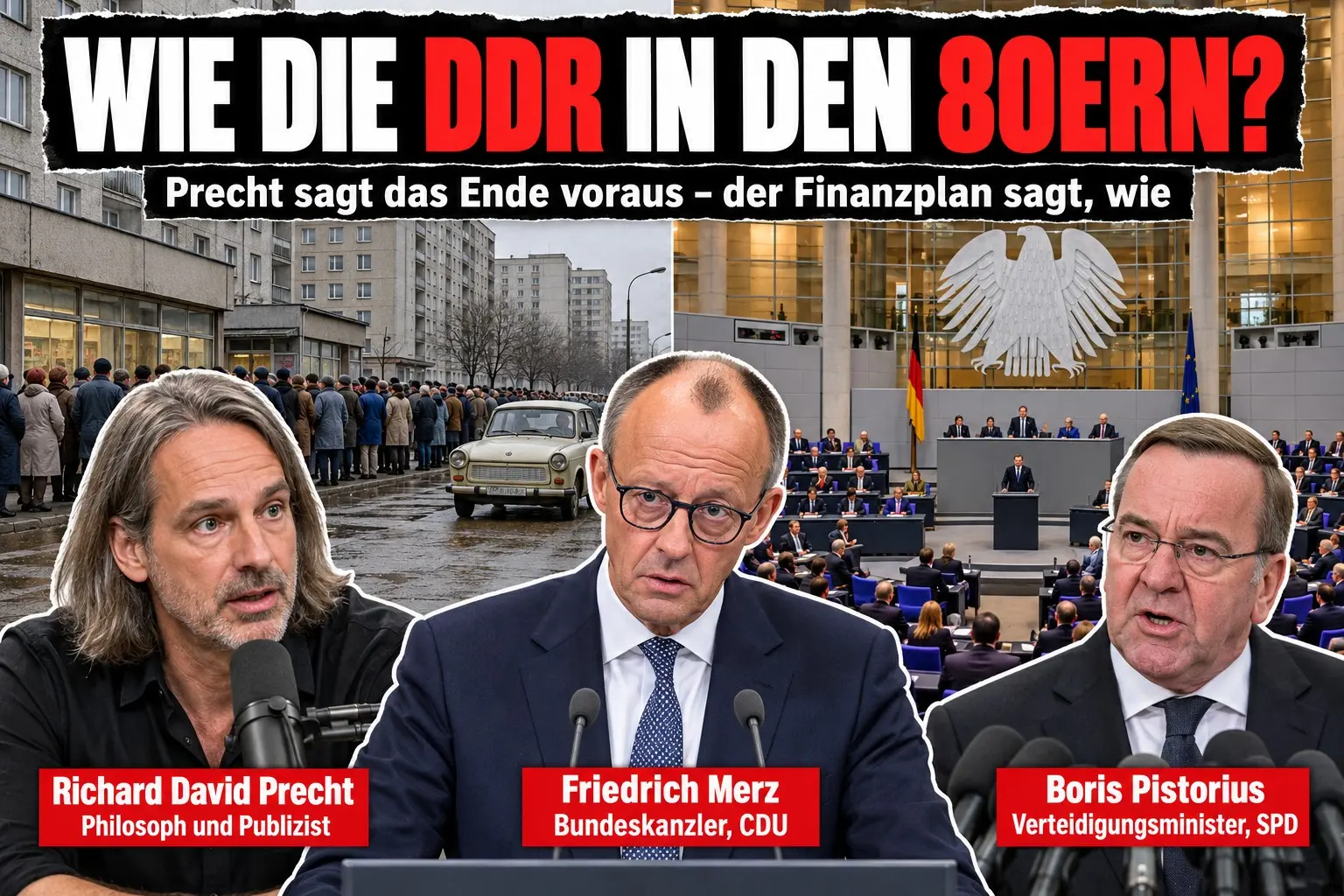 KI-generierte Illustration: Collage unter der Schlagzeile „Wie die DDR in den 80ern?“, links eine Ost-Berliner Straße der 1980er Jahre mit Plattenbauten, Warteschlange und Trabant, rechts der Plenarsaal des Bundestags mit Bundesadler; davor Richard David Precht, Friedrich Merz und Boris Pistorius, jeweils mit Namensschild.