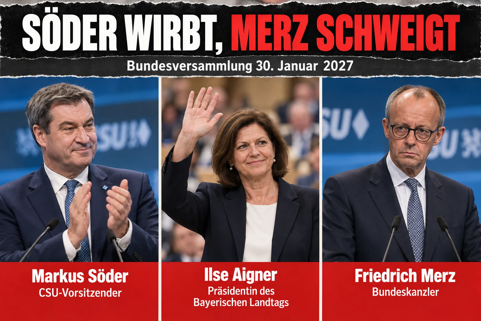 KI-generierte Collage: drei Einzelporträts nebeneinander – Markus Söder applaudierend am Rednerpult, Ilse Aigner winkend im Delegiertensaal, Friedrich Merz ernst am Pult – mit roten Namensschildern und der Schlagzeile „Söder wirbt, Merz schweigt“, Unterzeile „Bundesversammlung 30. Januar 2027“.