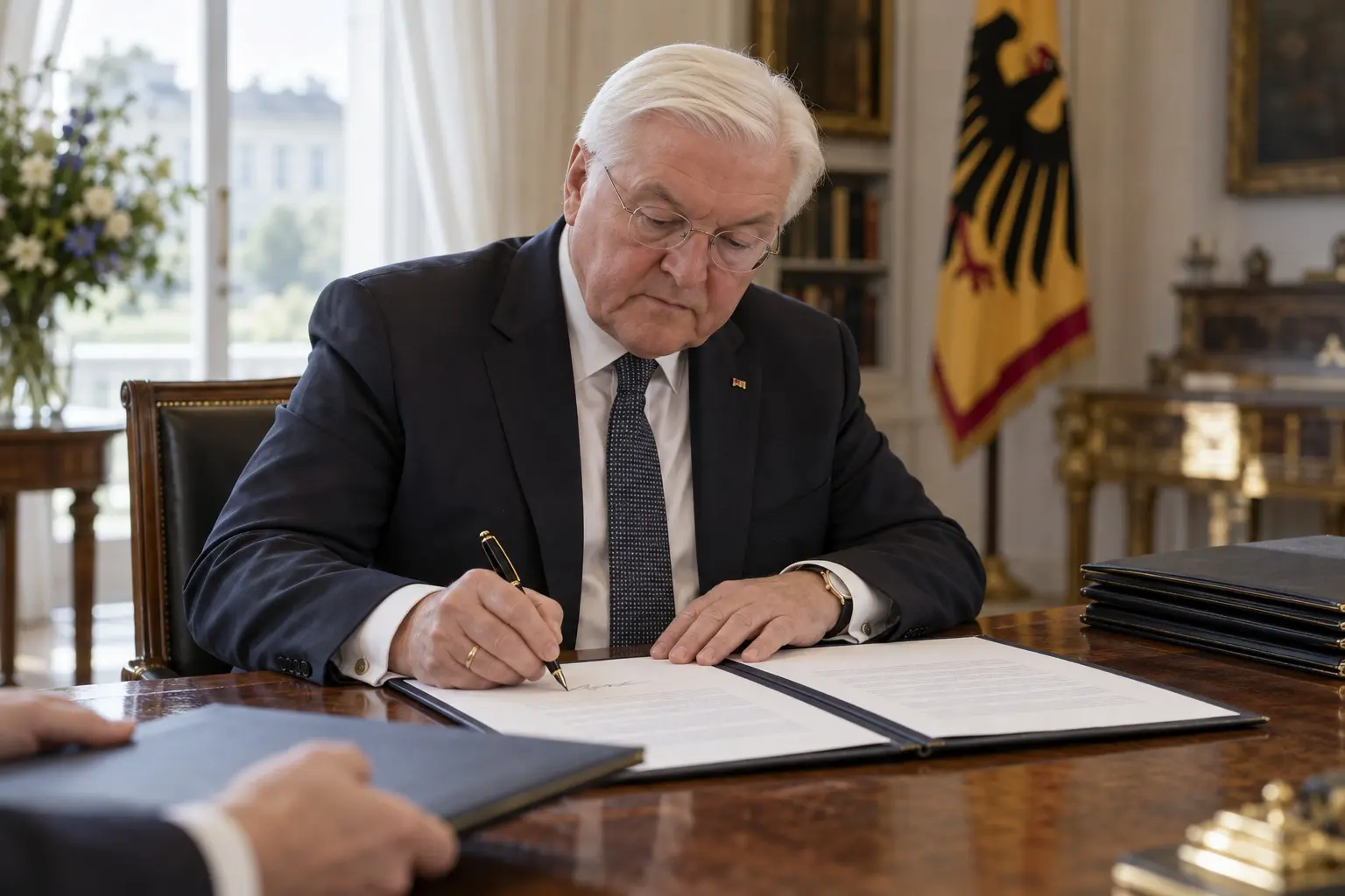 KI-generierte Illustration: Bundespräsident Frank-Walter Steinmeier unterschreibt an seinem Schreibtisch in Schloss Bellevue ein Gesetz in einer Ledermappe, Nachrichtenfoto-Stil.