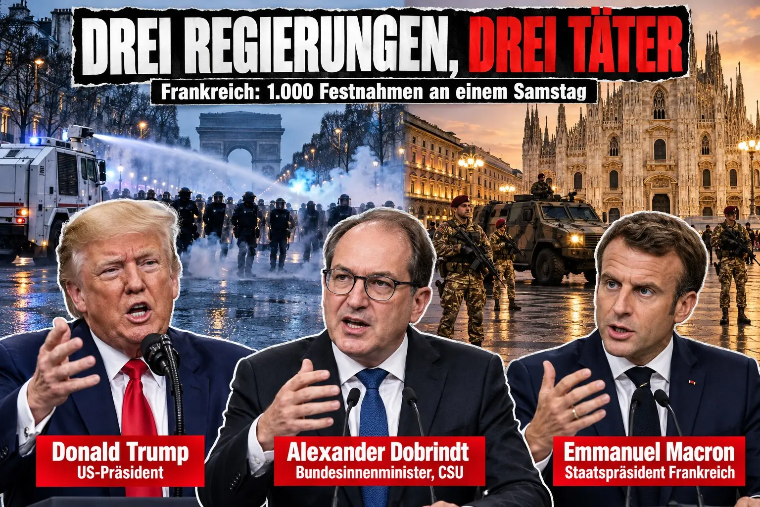 KI-generierte Illustration: Boulevard-Collage mit Schlagzeile „Drei Regierungen, drei Täter“, Porträts von Donald Trump, Alexander Dobrindt und Emmanuel Macron jeweils mit Namensschild, Hintergrund Pariser Straße mit Wasserwerfer und Mailänder Domplatz mit Soldaten.