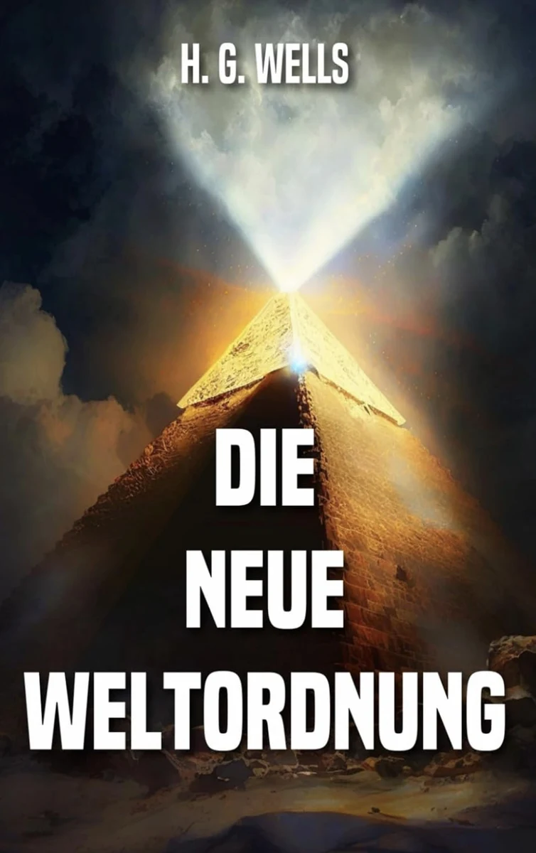 Buchcover: H. G. Wells – Die neue Weltordnung, leuchtende Pyramidenspitze vor Wolkenhimmel (libell)